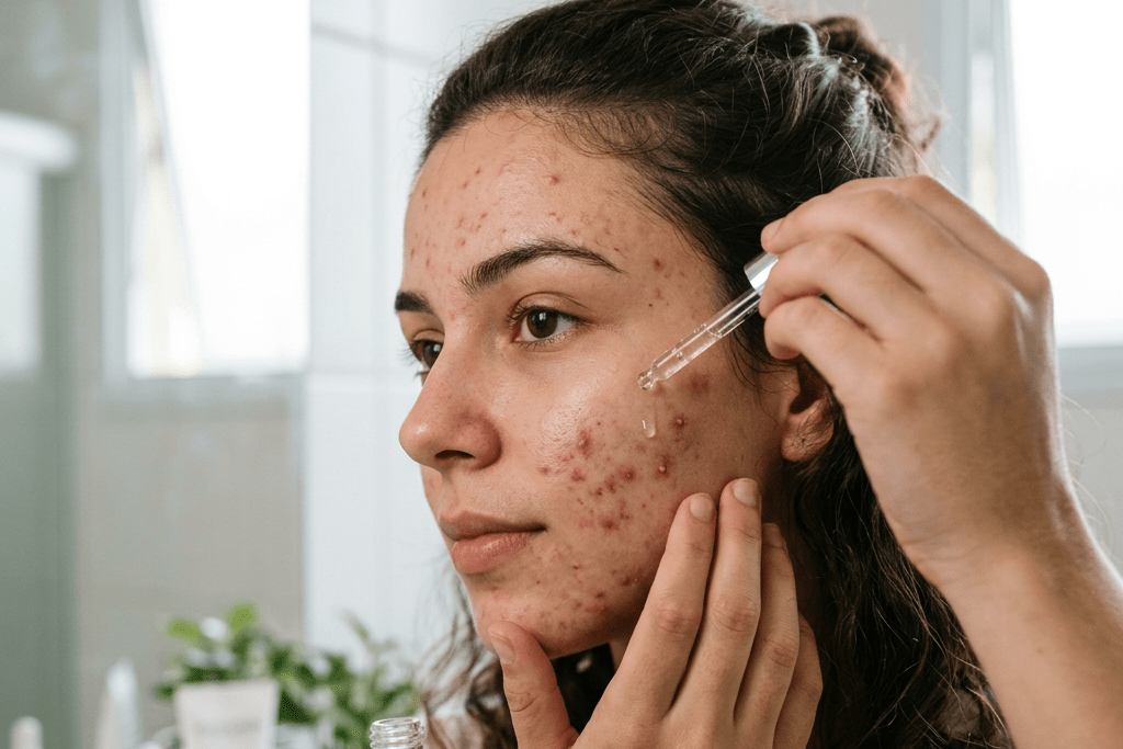 Young woman applying skin balance serum with dropper to acne scars on face
